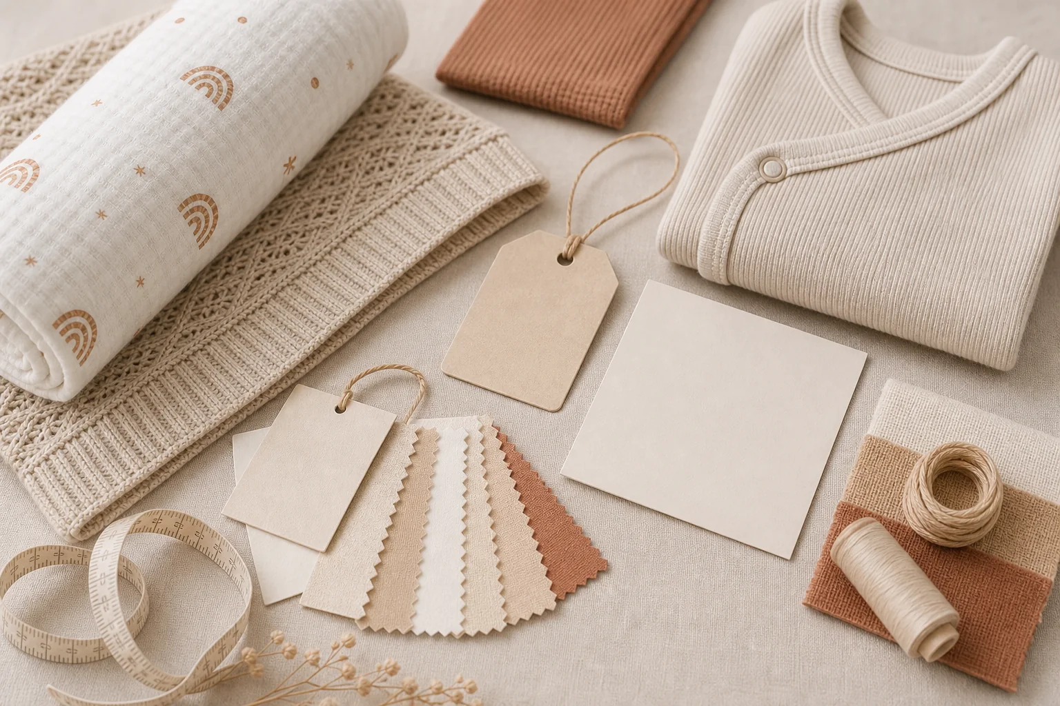 Baby product customization details with fabric swatches, labels and textile samples
