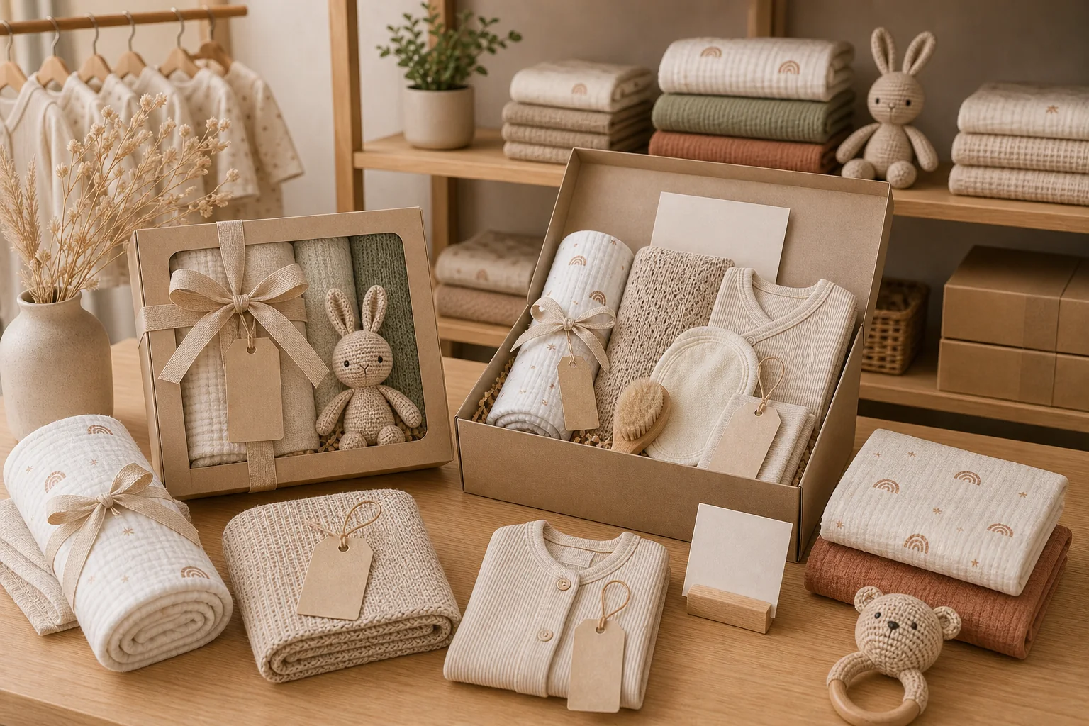 Boutique baby store display with newborn gift sets
