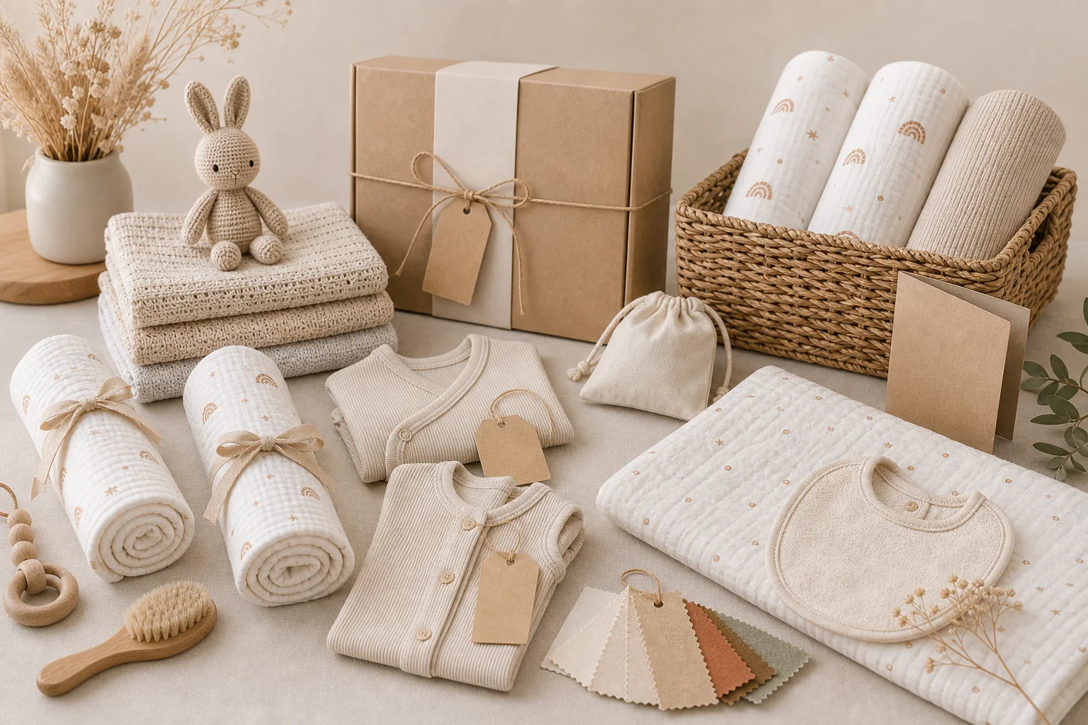 DTC baby brand product collection with custom textiles and gift packaging