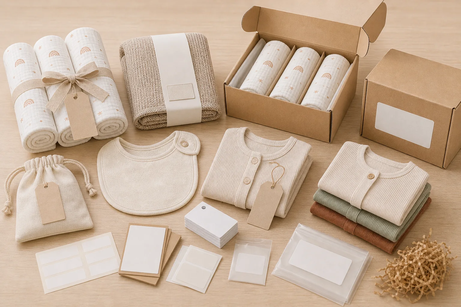 Marketplace baby product bundle with swaddles, blankets and packaging