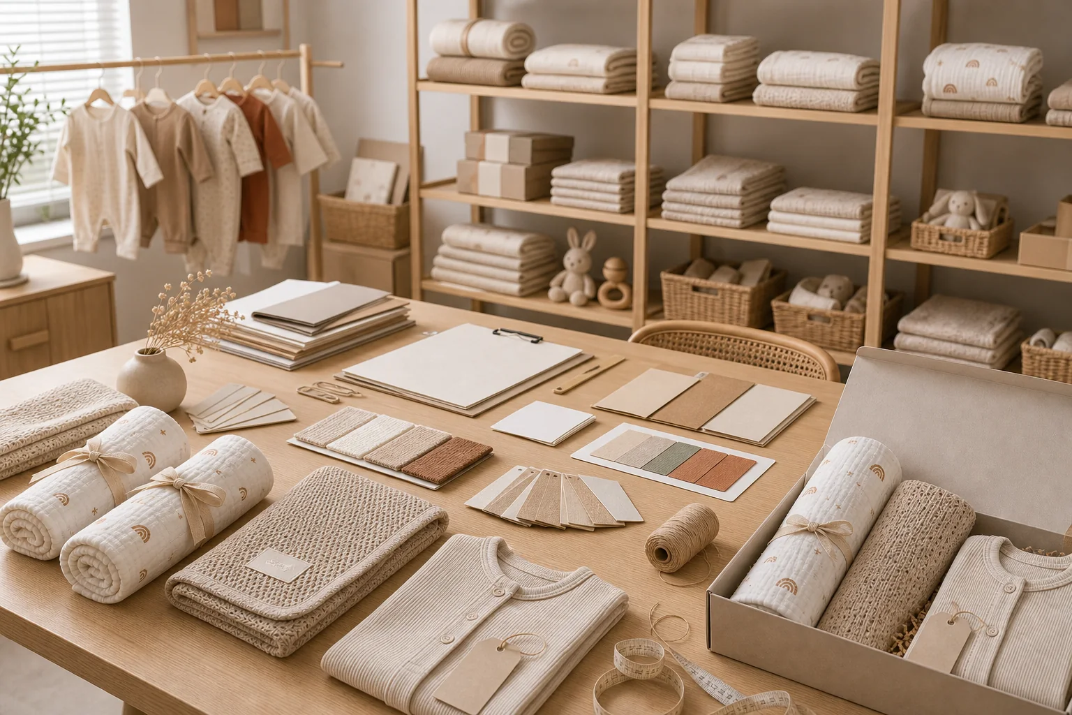 Ningbo Canlan baby products supplier workspace with textile samples and packaging