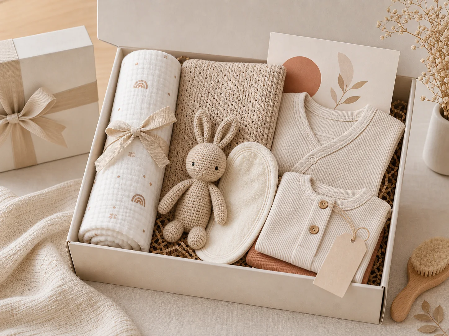 Premium newborn gift box with baby textile products
