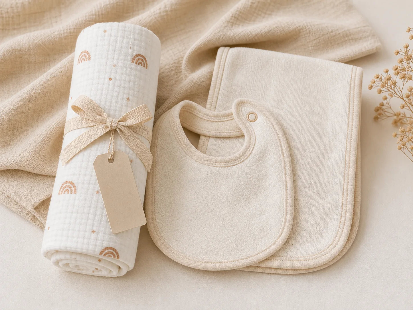 Starter newborn gift set with muslin swaddle and baby essentials