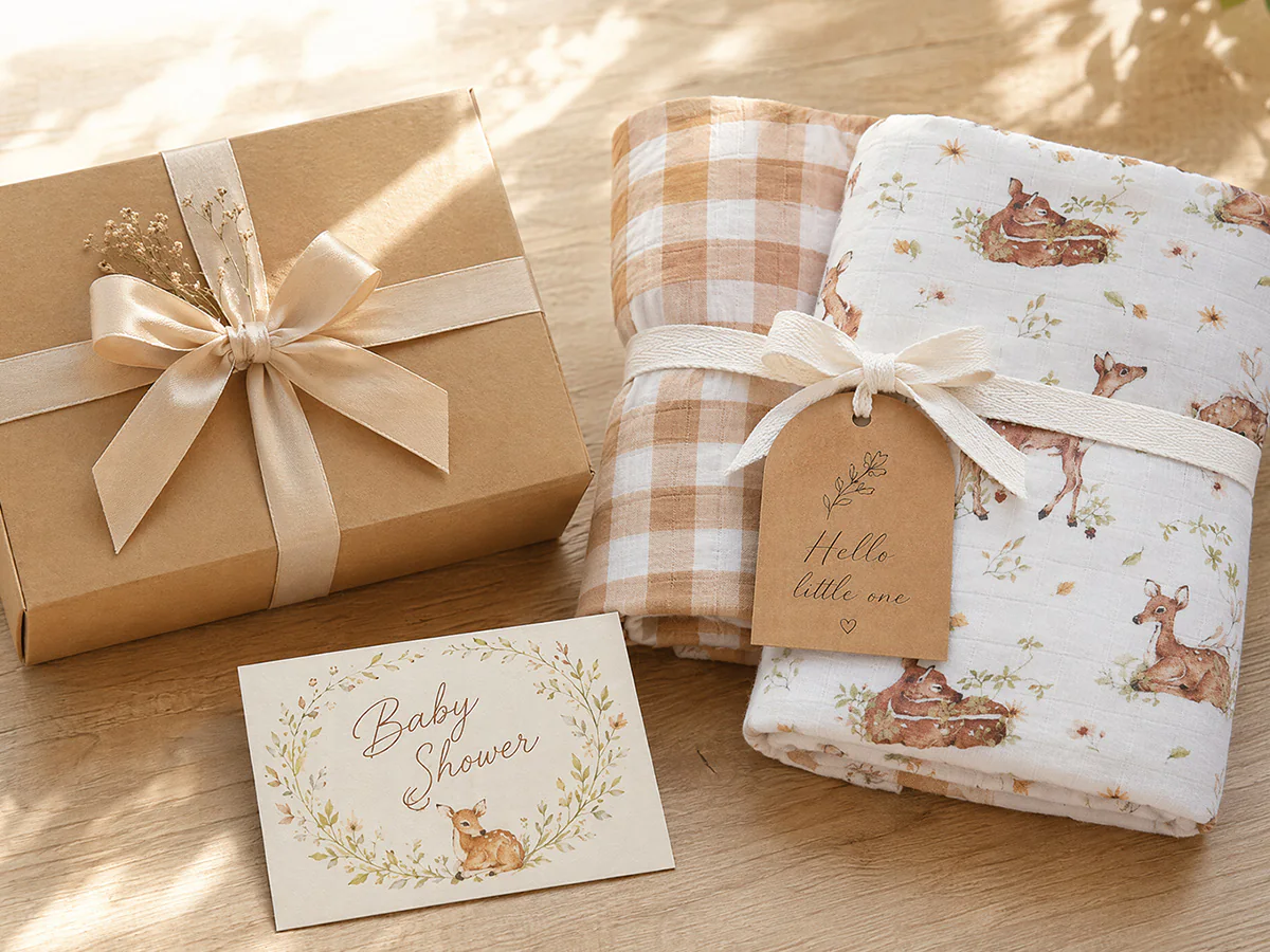 Gift packaged muslin swaddles with private label packaging