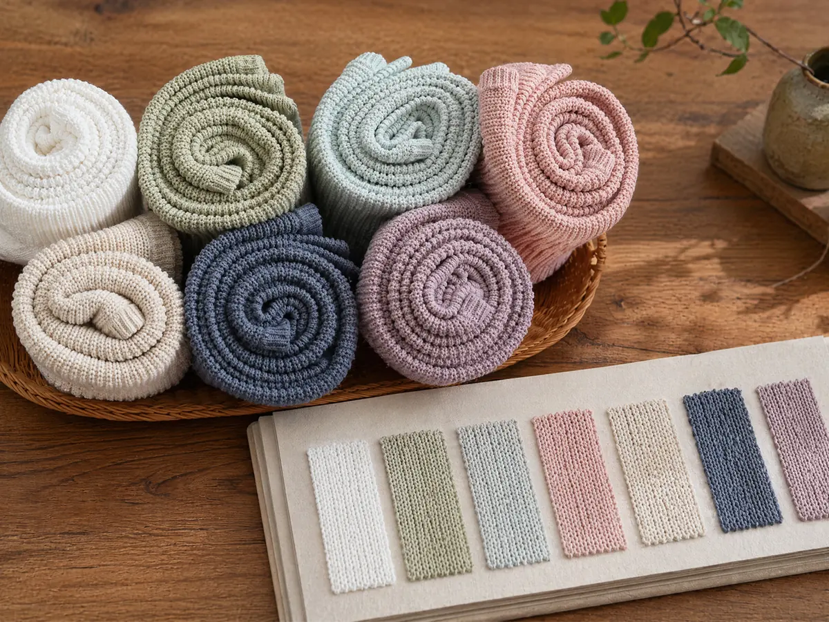 Knitted baby blanket color swatches and rolled samples