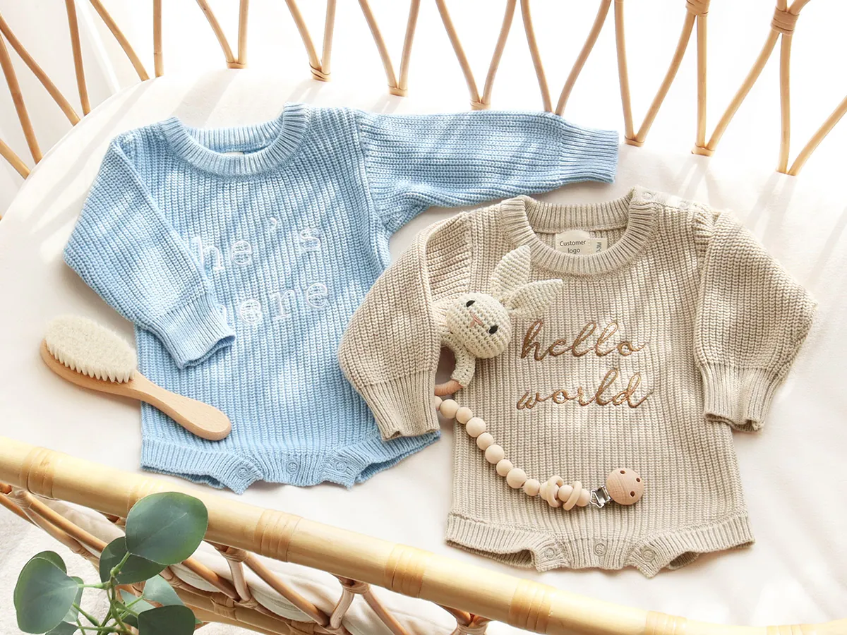 Personalized knitted baby rompers with embroidered designs
