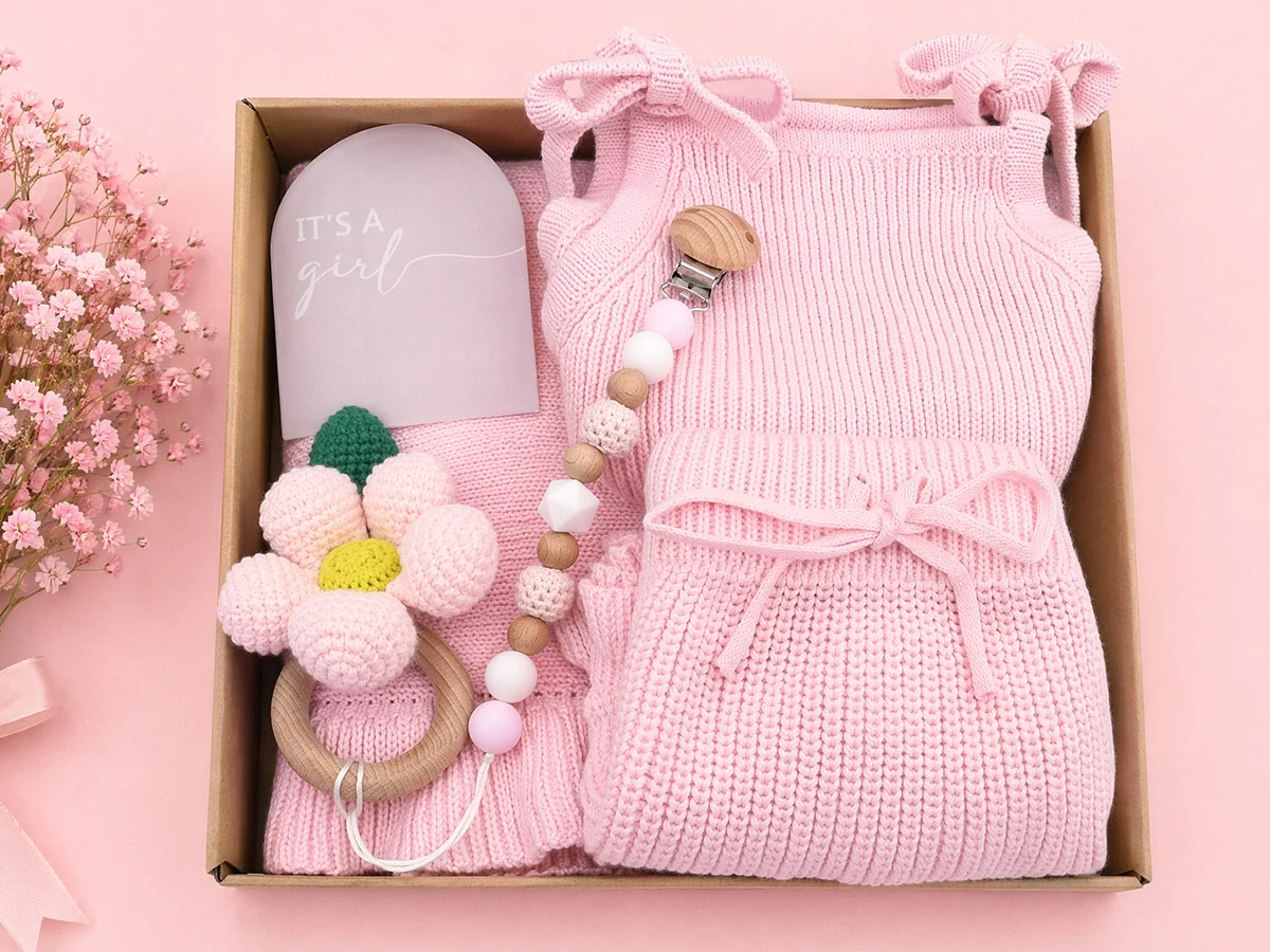 Pink knitted newborn gift set with baby romper and crochet rattle