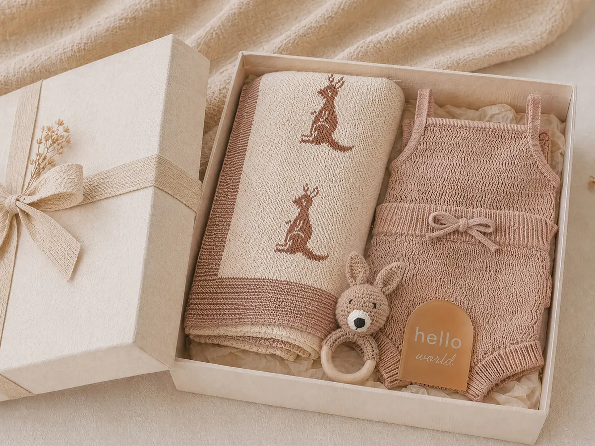Private label knitted blanket gift box with baby accessories