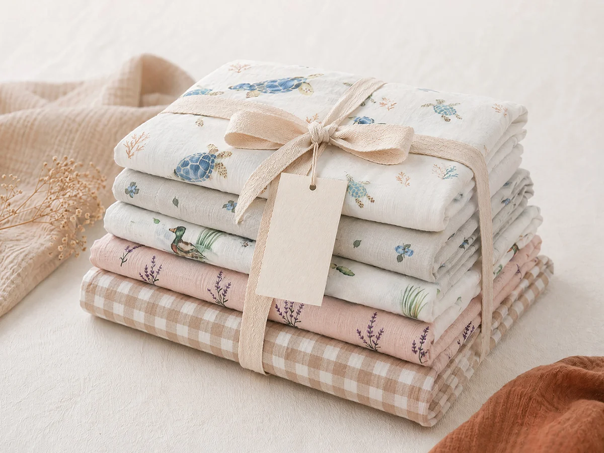 Coordinated printed baby bedding fabrics checked for color consistency
